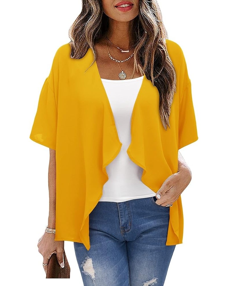 Women's Summer Kimono Cardigan Short Sleeve Lightweight Sheer Cover Up Shrug Open Front Yellow $11.59 Swimsuits