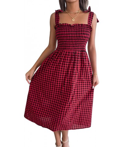 Women's Summer Boho Sling Dress Sleeveless Lacing Pleated Plaid Dress Summer Midi Dress Y2K Clothes A-red $10.07 Dresses