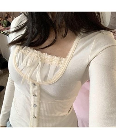 Y2K Lace Crop Tops Bow Frill Long Sleeve Pullovers Square Collar Aesthetic Sweet Tee Harajuku Slim Fit Retro Streetwear White...