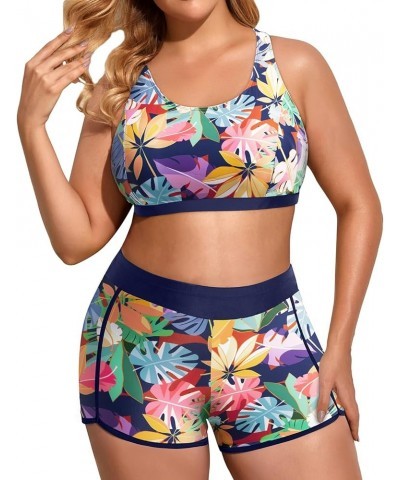 Women Plus Size 3 Piece Tankini Swimsuits Tummy Control Bathing Suits with Boy Shorts Tank Top with Sports Bra Navy Blue Flor...