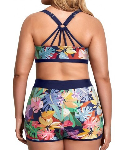 Women Plus Size 3 Piece Tankini Swimsuits Tummy Control Bathing Suits with Boy Shorts Tank Top with Sports Bra Navy Blue Flor...