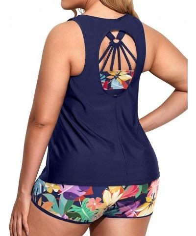 Women Plus Size 3 Piece Tankini Swimsuits Tummy Control Bathing Suits with Boy Shorts Tank Top with Sports Bra Navy Blue Flor...