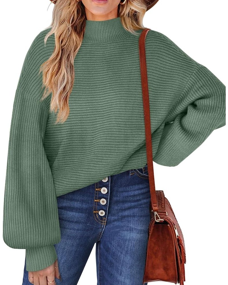 Women's Sweaters Turtleneck Lantern Sleeve Oversized Ribbed Knit Fall Tops Army Green $27.72 Sweaters