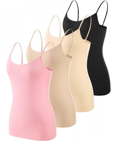 Women's Basic Solid Camisole Adjustable Spaghetti Strap Tank Top 4 Pack - Black/Apricot/Beige/Pink $10.00 Tanks