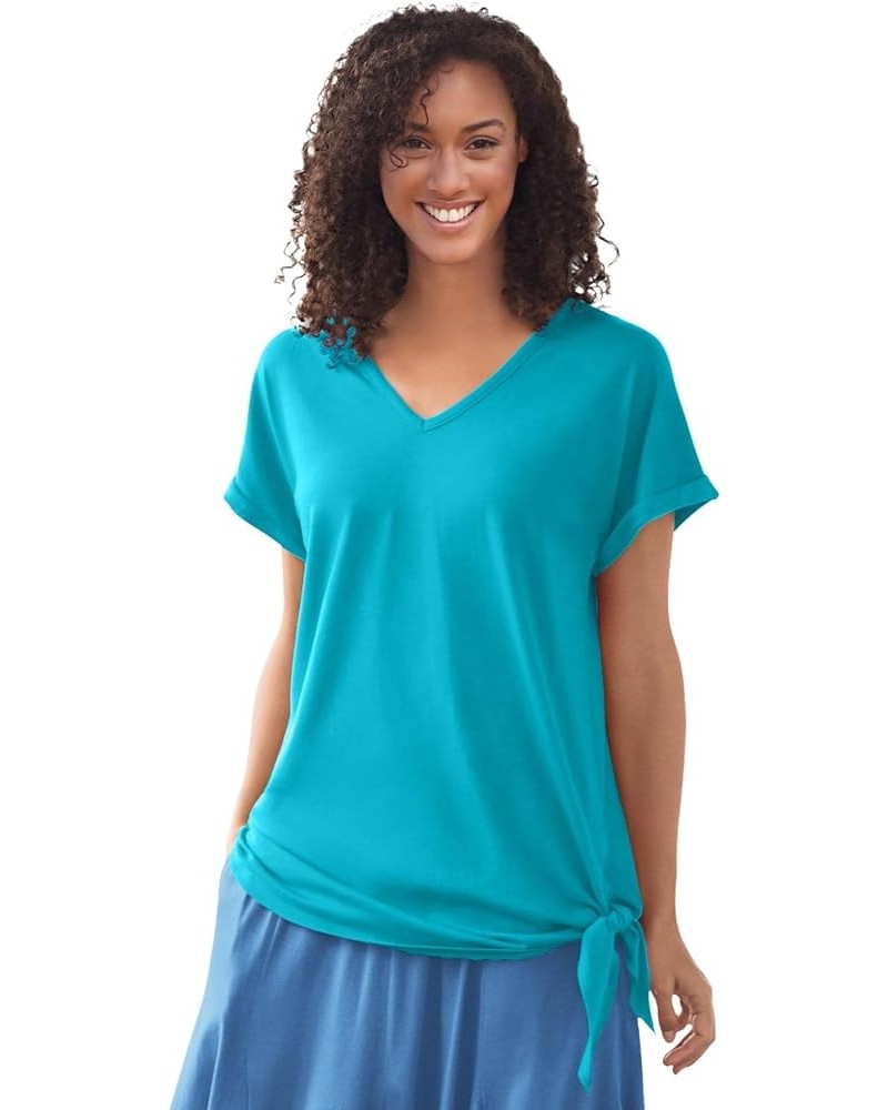 Women's Plus Size Side Tie Knit Tee Pretty Turquoise $14.26 T-Shirts