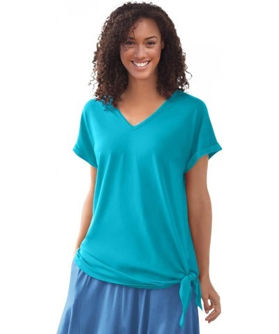 Women's Plus Size Side Tie Knit Tee Pretty Turquoise $14.26 T-Shirts