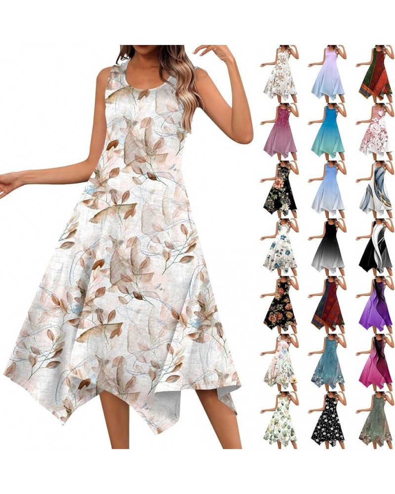 Sundresses for Women,2024 Spring Summer Trendy Floral Print Beach Dress,Flowy Pleated Irregular Hem Crewneck Vaction Dress A-...