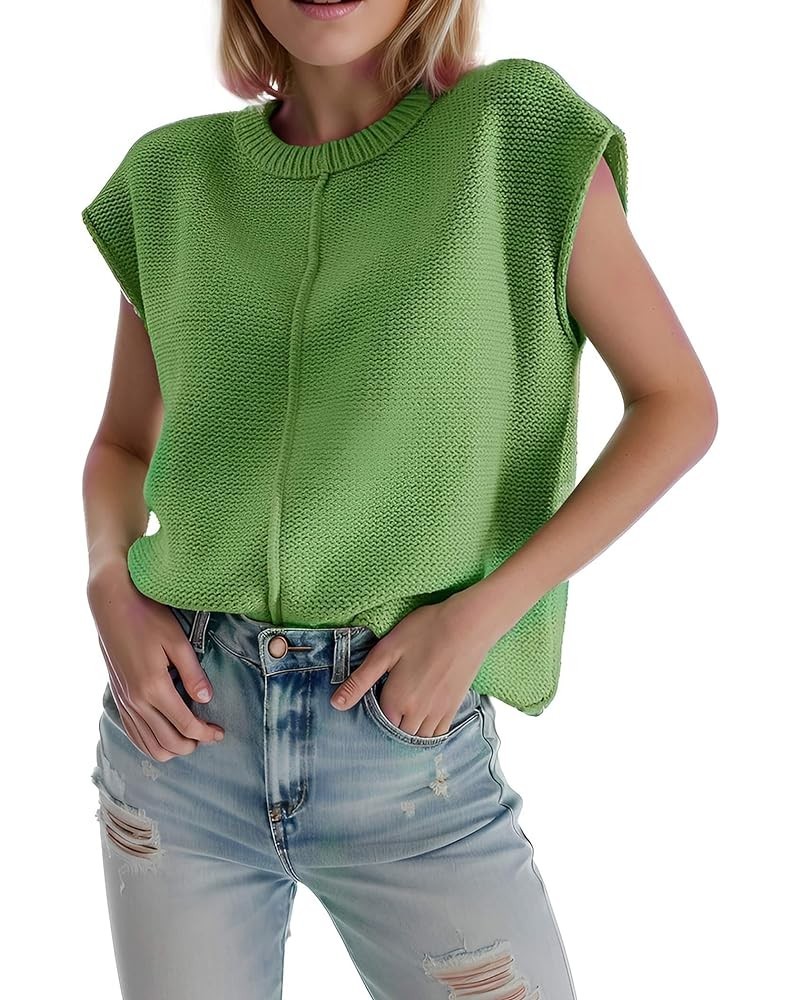 Casual Cap Sleeve Sweater for Women Crew Neck Loose Fit Pullover Tops Knit Lightweight Solid Vest Green $11.75 Sweaters