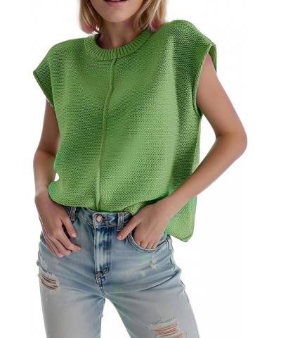 Casual Cap Sleeve Sweater for Women Crew Neck Loose Fit Pullover Tops Knit Lightweight Solid Vest Green $11.75 Sweaters