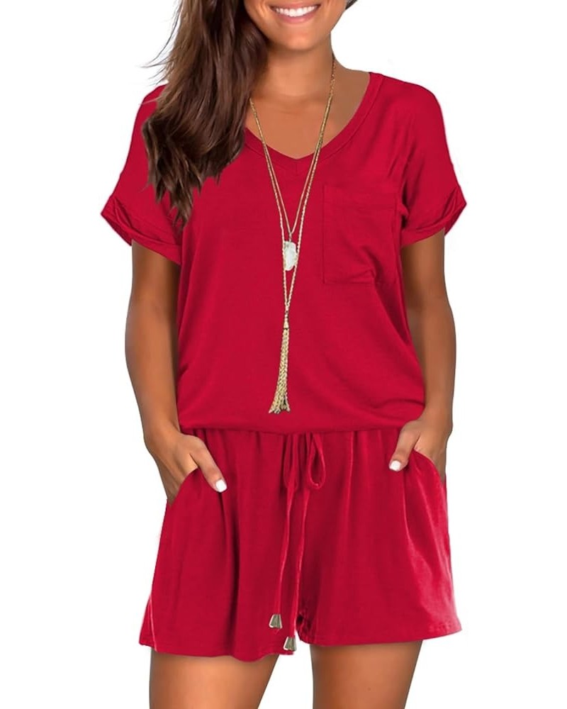 Womens Summer Cute Front Tie Short Jumpsuits Rompers with Pockets Red $15.84 Rompers