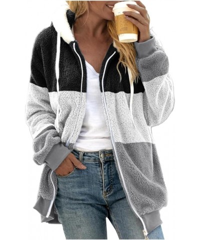 Oversized Winter Fuzzy Fleece Jacket Color Block Patchwork Hoodies Fall Long Sleeve Zip Up Drawstring Coat with Pockets 01-bl...