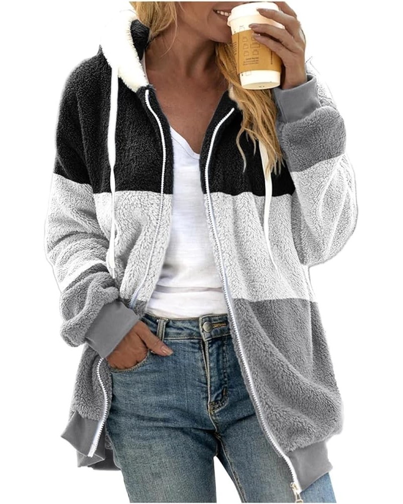 Oversized Winter Fuzzy Fleece Jacket Color Block Patchwork Hoodies Fall Long Sleeve Zip Up Drawstring Coat with Pockets 01-bl...