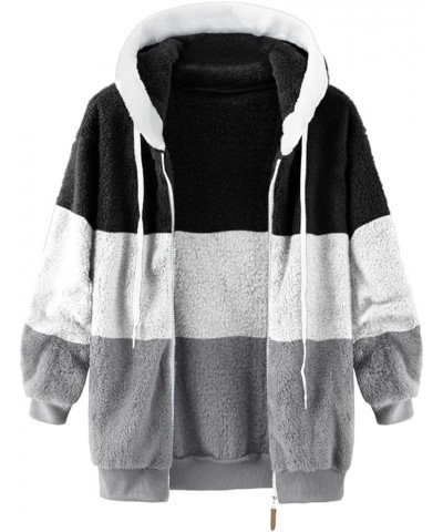 Oversized Winter Fuzzy Fleece Jacket Color Block Patchwork Hoodies Fall Long Sleeve Zip Up Drawstring Coat with Pockets 01-bl...