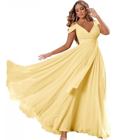 Women's Cold Shoulder Bridesmaid Dress with Pockets Long V-Neck Formal Wedding Guest Dress with Slit Yellow $24.00 Dresses