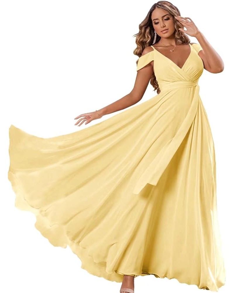 Women's Cold Shoulder Bridesmaid Dress with Pockets Long V-Neck Formal Wedding Guest Dress with Slit Yellow $24.00 Dresses