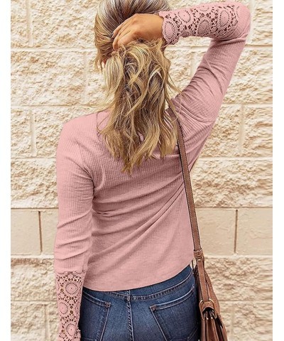 Women's Long Sleeve Tops Lace V Neck Button Down Henley Shirts Blouses Pink $13.13 Tops