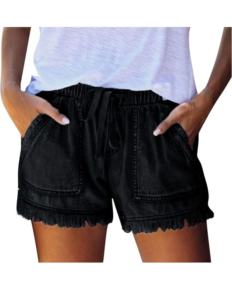 Jean Shorts Womens Trendy Drawstring Juniors Casual Summer Denim Shorts Mid Waist Stretchy Ripped Jean Shorts Black Casual Je...