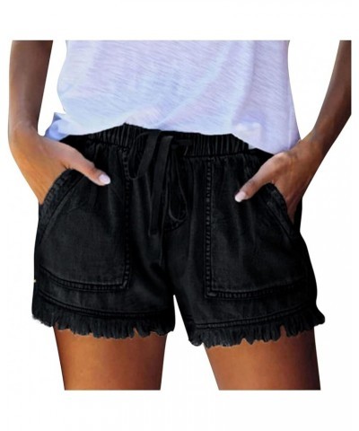 Jean Shorts Womens Trendy Drawstring Juniors Casual Summer Denim Shorts Mid Waist Stretchy Ripped Jean Shorts Black Casual Je...