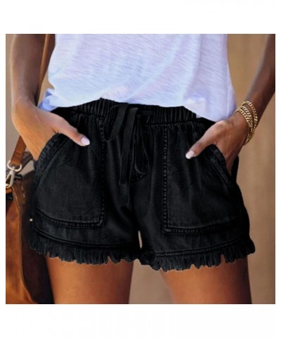 Jean Shorts Womens Trendy Drawstring Juniors Casual Summer Denim Shorts Mid Waist Stretchy Ripped Jean Shorts Black Casual Je...