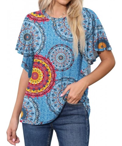 Womens Oversized Tops Summer Short Ruffle Sleeves Blouse Casual Round Neck Shirt A11 Fp Mix Blue $11.00 Tops