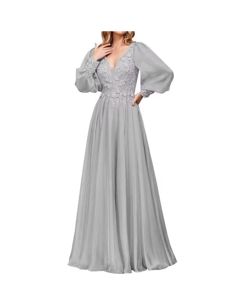 Chiffon Mother of The Bride Dresses Laces Appliques V Neck Long Sleeve Formal Evening Gowns Silver $39.21 Dresses