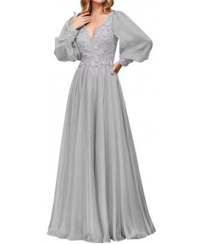 Chiffon Mother of The Bride Dresses Laces Appliques V Neck Long Sleeve Formal Evening Gowns Silver $39.21 Dresses