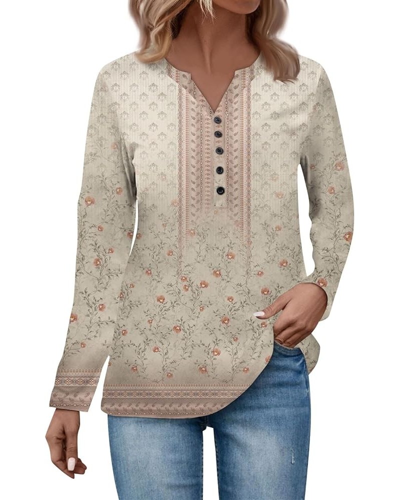 Women's Fashion V Neck Long Sleeve Fall Winter Button Up Sweatshirts Classic Plaid Print Casual Pullover Blouse Tops Khaki-n3...