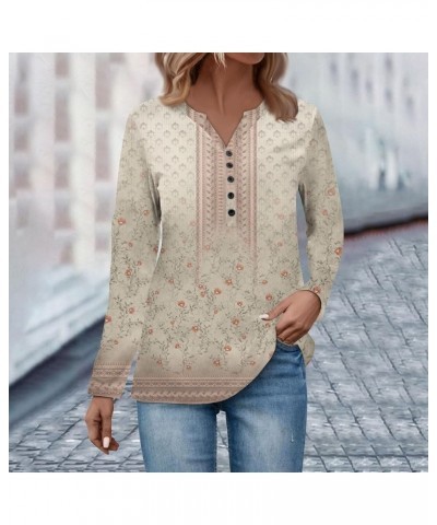 Women's Fashion V Neck Long Sleeve Fall Winter Button Up Sweatshirts Classic Plaid Print Casual Pullover Blouse Tops Khaki-n3...