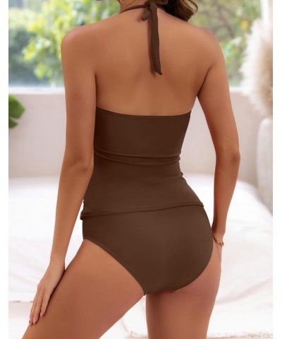 Halter Tankini Swimsuit for Women Tummy Control Two Piece Bathing Suit V Neck Swimwear with Shorts Brown $20.24 Swimsuits