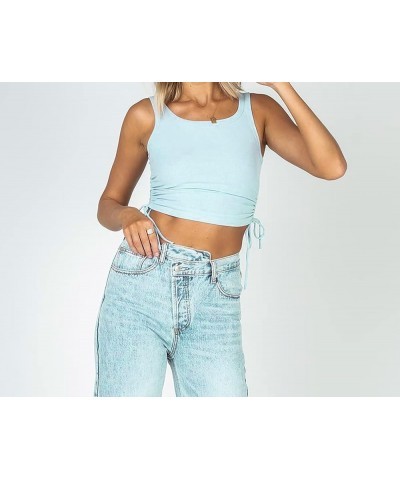 Women's U Neck Sleeveless Drawstring Side Slim Fit Basic Crop Tops Ice Blue $8.39 Tanks