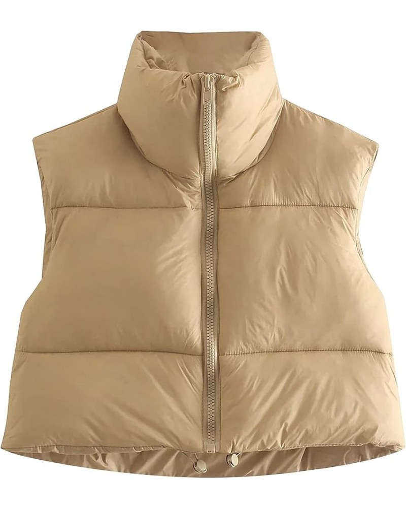 Womens Winter Cropped Puffer Vest High Stand Collar Lightweight Insulated Crop Vests Outerwear Khaki $15.99 Vests