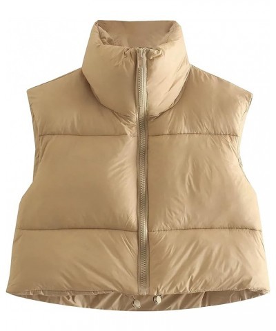 Womens Winter Cropped Puffer Vest High Stand Collar Lightweight Insulated Crop Vests Outerwear Khaki $15.99 Vests