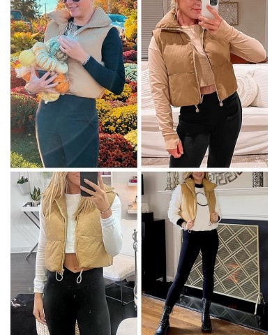 Womens Winter Cropped Puffer Vest High Stand Collar Lightweight Insulated Crop Vests Outerwear Khaki $15.99 Vests