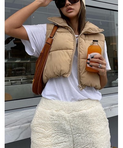 Womens Winter Cropped Puffer Vest High Stand Collar Lightweight Insulated Crop Vests Outerwear Khaki $15.99 Vests