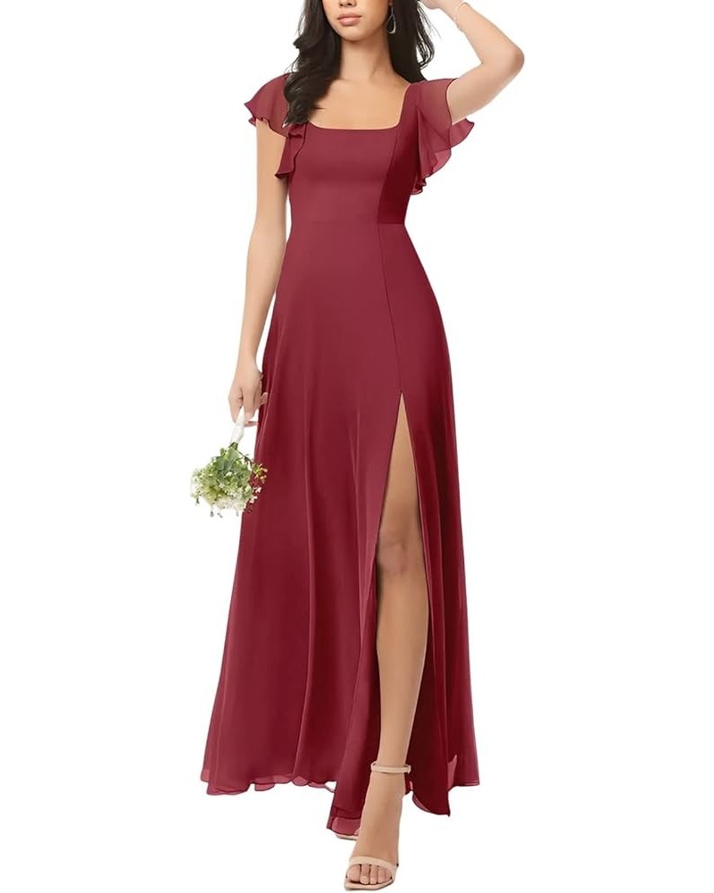 Chiffon Bridesmaid Dresses Ruched A-Line Wedding Party Summer Evening Dresses Floor-Length with Slit Pomegranate $26.80 Dresses