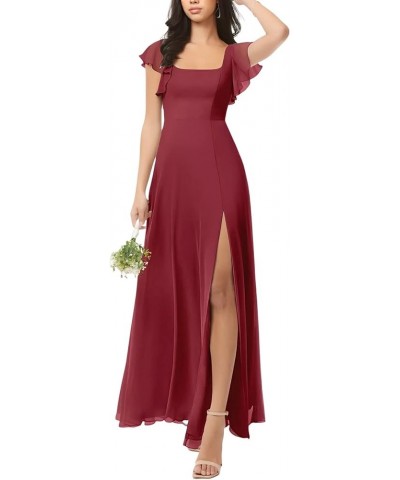 Chiffon Bridesmaid Dresses Ruched A-Line Wedding Party Summer Evening Dresses Floor-Length with Slit Pomegranate $26.80 Dresses