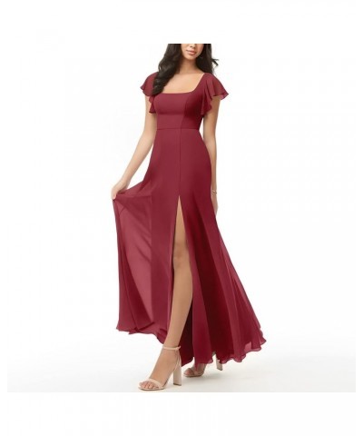 Chiffon Bridesmaid Dresses Ruched A-Line Wedding Party Summer Evening Dresses Floor-Length with Slit Pomegranate $26.80 Dresses