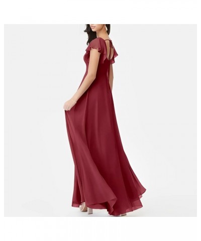 Chiffon Bridesmaid Dresses Ruched A-Line Wedding Party Summer Evening Dresses Floor-Length with Slit Pomegranate $26.80 Dresses