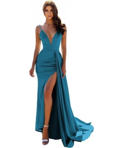 Mermaid Satin Prom Dresses Long with Slit Spaghetti Straps Ball Gown V-Neck Formal Party Evening Gowns 2024 Aqua $34.23 Dresses