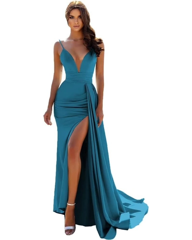 Mermaid Satin Prom Dresses Long with Slit Spaghetti Straps Ball Gown V-Neck Formal Party Evening Gowns 2024 Aqua $34.23 Dresses