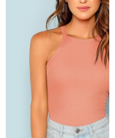 Women's Sleeveless Knit Slim Summer Halter Cami Top Coral Pink $14.49 Tanks