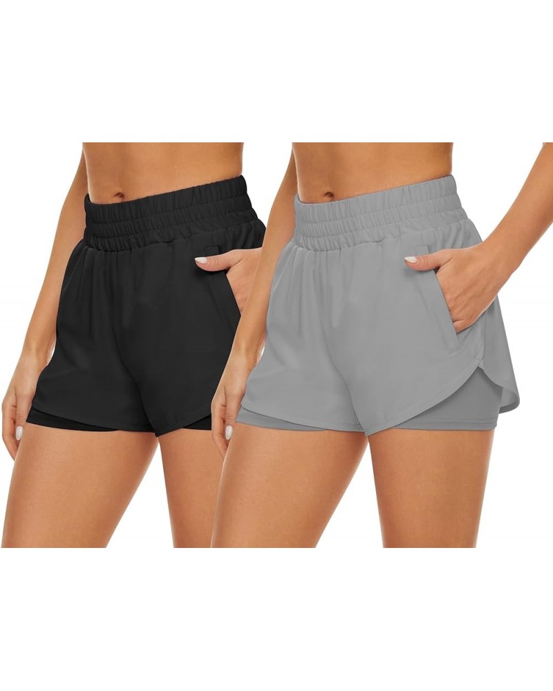 2 Pack Athletic Shorts for Women, Quick Dry Running Shorts with Pockets High Waisted Workout Gym Sports Shorts Dark Black & L...