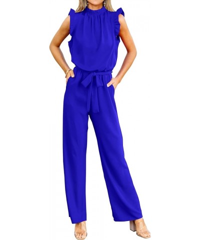 Jumpsuits For Women Summer Dressy One Piece Sleeveless Ruffle Mock Neck Belt Pockets Formal Wide Leg Pants Romper Royal Blue ...