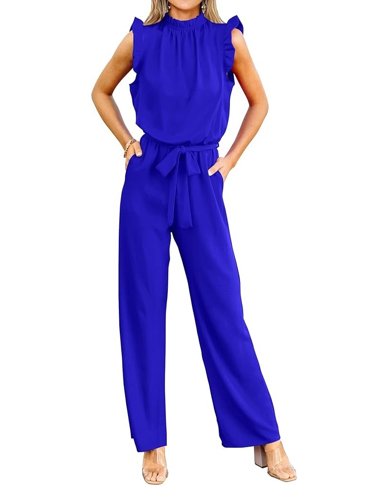 Jumpsuits For Women Summer Dressy One Piece Sleeveless Ruffle Mock Neck Belt Pockets Formal Wide Leg Pants Romper Royal Blue ...