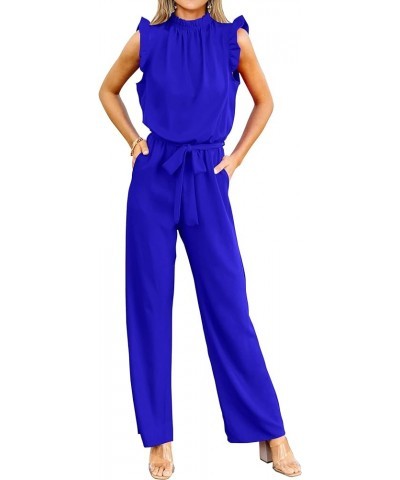 Jumpsuits For Women Summer Dressy One Piece Sleeveless Ruffle Mock Neck Belt Pockets Formal Wide Leg Pants Romper Royal Blue ...