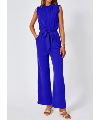 Jumpsuits For Women Summer Dressy One Piece Sleeveless Ruffle Mock Neck Belt Pockets Formal Wide Leg Pants Romper Royal Blue ...