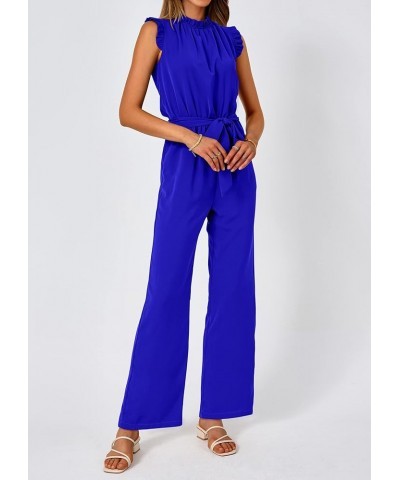 Jumpsuits For Women Summer Dressy One Piece Sleeveless Ruffle Mock Neck Belt Pockets Formal Wide Leg Pants Romper Royal Blue ...