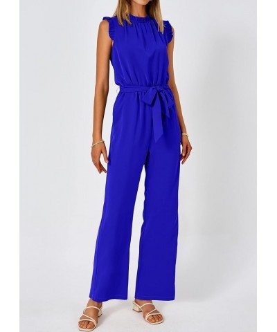 Jumpsuits For Women Summer Dressy One Piece Sleeveless Ruffle Mock Neck Belt Pockets Formal Wide Leg Pants Romper Royal Blue ...