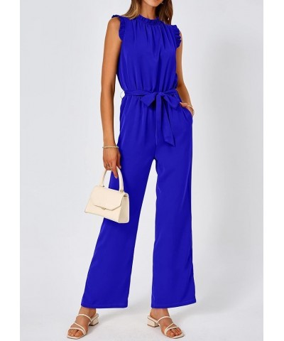 Jumpsuits For Women Summer Dressy One Piece Sleeveless Ruffle Mock Neck Belt Pockets Formal Wide Leg Pants Romper Royal Blue ...