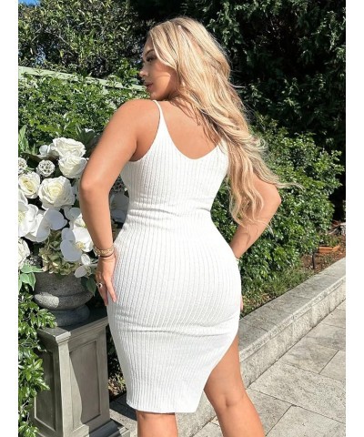 Women's Split Thigh V Neck Spaghetti Strap Ribbed Knit Bodycon Cami Dress White $7.79 Dresses